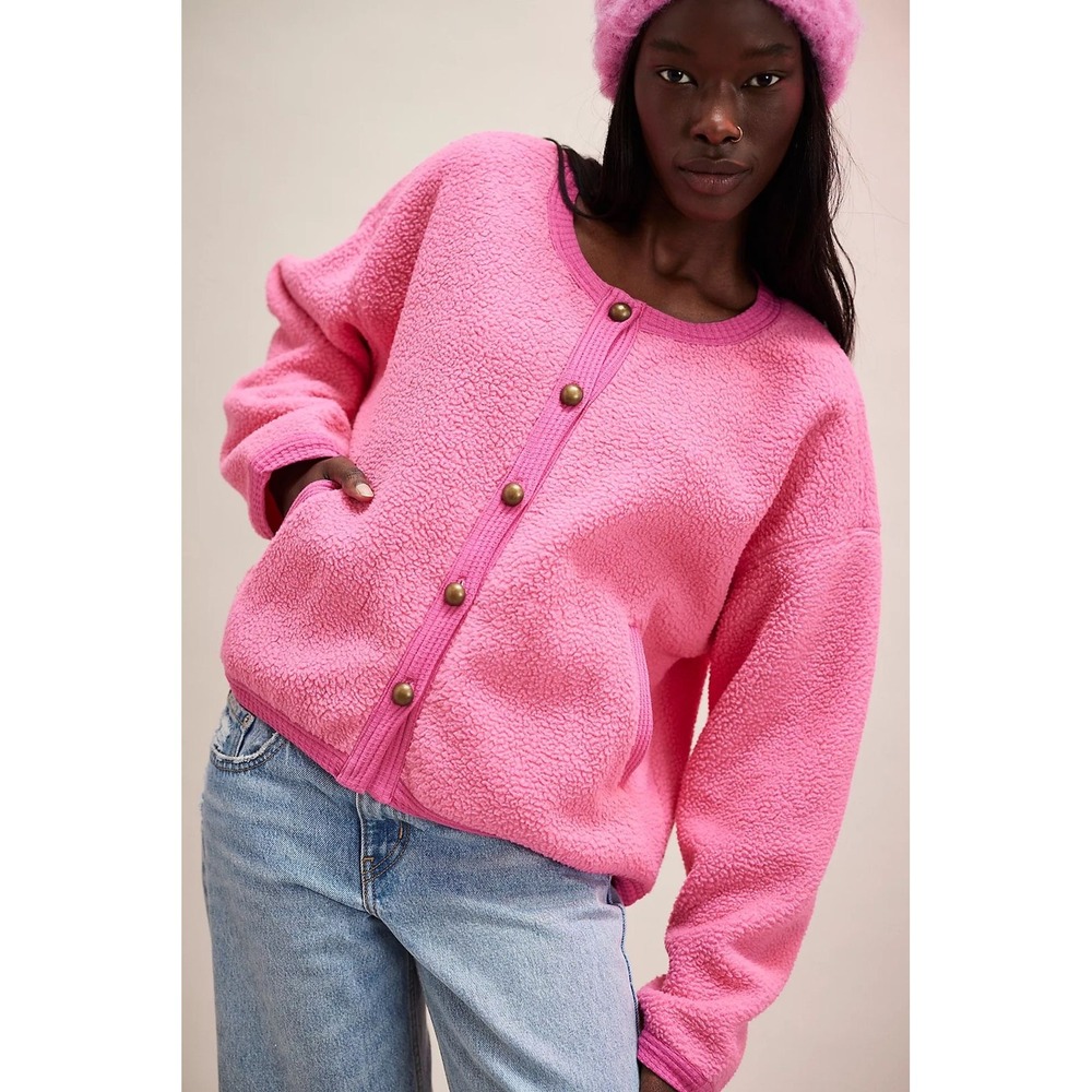 Free People Hug Me Sherpa Cardigan Pink Faux Fur Fleece Jacket XS OB2121846